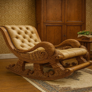 <b>Vintage</b> wooden <b>rocking</b> <b>chair</b> with wing-carved armrests and tufted beige cushion seat, available at wholesale prices. - Product Image 1