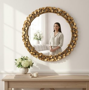 Espejo de Pared Dorado con Diseño Floral – Espejo Decorativo Redondo de Diseño para Entrada, Dormitorio y Decoración de Interiores - Product Image 3