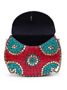 Vintage Clutch - Metal Mosaic Stone & <b>Shell</b> Design Purse - Handmade Women's Handbag - Product Image 2