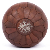 Pouf ottoman en cuir marocain moderne brun foncé, fait main, coussin de sol portable, repose-pieds brodé, décoration d'appartement et de maison