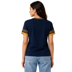 เสื้อยืดคอกลมผ้าฝ้ายสีน้ำเงินกรมท่าลายมัสตาร์ดสำหรับผู้หญิง แขนสั้น สไตล์ลำลอง รับผลิตตามสั่ง (OEM) คุณภาพพรีเมียม แฟชั่นฤดูร้อน - Product Image 2