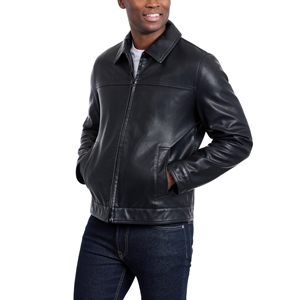 Men's <b>Black</b> Genuine Full Grain Leather <b>Jacket</b> Turn-down Collar Zipper Closure Casual Autumn Outerwear Regular Fit Solid Color - Product Image 3