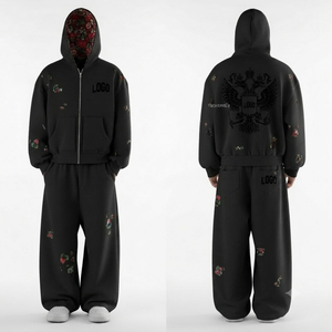 Conjunto de Sudadera con Capucha Verde y Pantalones Deportivos Holgados con Serigrafía Personalizada, Diseño de Escudo de Águila, Felpa, Unisex - Product Image 3