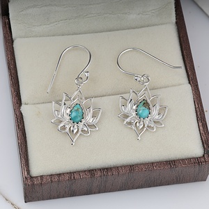 Pendientes de Flor de Loto con Turquesa Natural, Hechos a Mano, Plata de Ley, Joyería Boho para Mujer, Pendientes Colgantes - Product Image 4