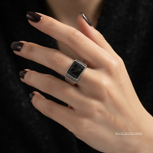 925 Sterling Silver Black Tourmaline Bezel Setting Rhodium Plated Wide Band Classic Engagement <b>Ring</b> Unisex Jewelry - Product Image 4