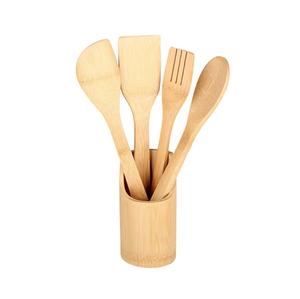 Juego de cucharas de madera de teca natural para cocinar en la cocina con espátula, cuchara volteadora, cuchara para mezclar y cuchara para servir. - Product Image 1