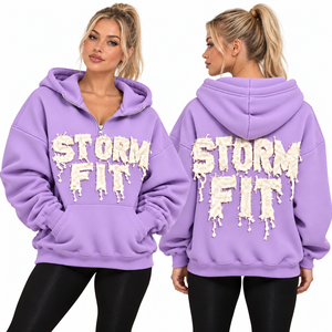 Sweat à capuche mi-zippé pour femme, couleur menthe, coupe Storm Fit, avec appliqué lettres, épaules tombantes, poche kangourou, en polaire décontractée, style streetwear, coupe-vent - Product Image 5