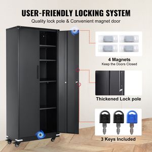 75-Inch Locking <b>Metal</b> Storage Cabinet 4 Adjustable <b>Shelves</b> 2 Magnetic Doors 200 Lbs Capacity Per <b>Shelf</b> Garage <b>Shelves</b> Wheels - Product Image 4