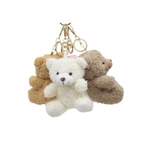 Cute Plush Bear Keychain 3D Cartoon Soft Toy White Faux Fur <b>Red</b> Check <b>Bow</b> - Product Image 2