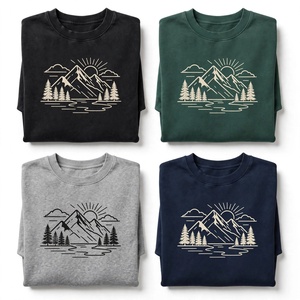 Sweat-shirt à col rond épais vintage délavé à l'acide avec motif, style streetwear personnalisé, broderie minimaliste Montagne Soleil, pull-over - Product Image 6