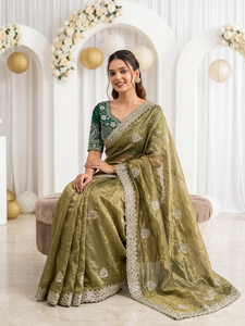 AARA Fashion FENDY JAL-850 Saree en soie verte avec bordure brodée, chemisier, protection solaire, tenue de mariage traditionnelle indienne et pakistanaise - Product Image 2