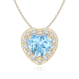 Collier pendentif cœur en or 14K 18K avec halo de diamants et aigue-marine naturelle 0,2 carats, chaîne à maillons, bijoux fins, OEM, best-seller - Product Image 1