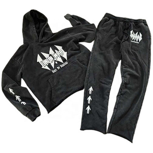 Ensemble sweat à capuche imprimé effet vieilli et pantalon de survêtement évasé pour homme, 100 % coton, survêtement d'hiver, effet délavé soleil, grandes tailles disponibles - Product Image 1