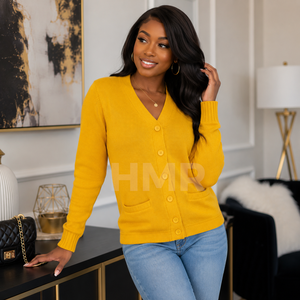 Cardigan en laine tricoté pour femme HMR Sisterhood Sorority, col en V, couleur jaune unie, service OEM, maille ouverte - Product Image 3