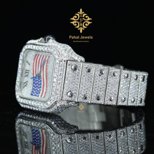 นาฬิกาข้อมือผู้ชาย Pahal Jewels ประดับเพชร หน้าปัดคริสตัลแซฟไฟร์ทรงสี่เหลี่ยม ลายธงชาติอเมริกา ระบบกลไก ตัวเรือนสแตนเลสสตีล - Product Image 3