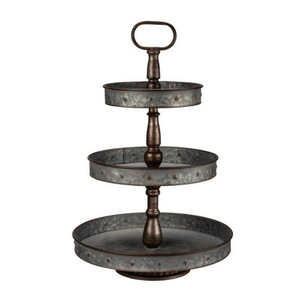 Support de service rustique à 3 niveaux en métal galvanisé pour présentation de cupcakes et desserts lors de mariages et fêtes - Product Image 3