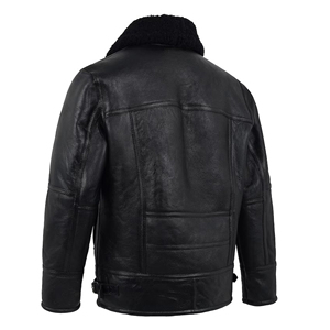 Mens Black Leather Jacket With Black <b>Fur</b> Collar Winter Shearling B3 Coat Genuine Sheepskin Warm Fleece Lined Biker Jacket - Product Image 2