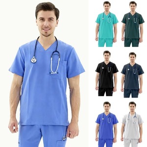 Hospital Unisex Medical <b>Scrub</b> <b>Tops</b> Polyester/Spandex Woven Fabric Stretchy Needle Detection Seamless Fusing OEM Service - Product Image 5