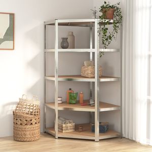 ชั้นวางของแบบมุม 5 ชั้น ทำจากเหล็กสีเงินอย่างดีและไม้เอ็นจิเนียร์ - Product Image 1