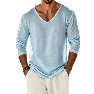 T-shirt en tricot à manches longues pour homme, bleu clair, col en V, coupe ample, décontracté, couleur unie, respirant, en coton - Product Image 3