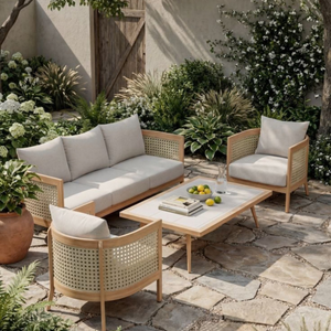 Ensemble de jardin en aluminium avec panneaux en rotin et bois massif d'origine vietnamienne, design moderne pour usage extérieur, capacité 6 personnes - Product Image 1