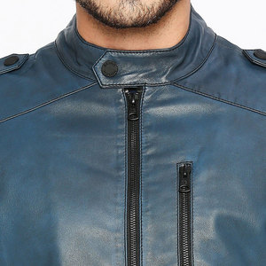 Veste de moto en cuir PU bleu pour homme, col montant, fermeture éclair, manches matelassées, coupe classique, tenue d'automne, couleur unie - Product Image 6