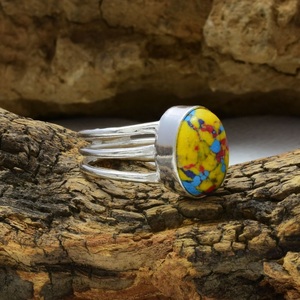 Bague en argent sterling 925 avec pierre précieuse en jaspe mosaïque, bague statement en pierre naturelle, bijoux vintage faits à la main pour hommes et femmes - Product Image 3