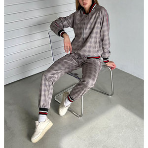 Ensemble de survêtement à carreaux pour femmes, manches longues, fermeture éclair sur le devant, pantalon de jogging décontracté avec poches latérales, vêtements d'automne - Product Image 1
