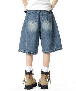 Pantalones cortos de mezclilla lavados de cintura alta para hombre, estilo casual holgado con trabillas para cinturón y cierre de botón, ideales para un look urbano. - Product Image 6