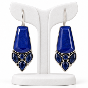 Pendientes Colgantes de Moda de Plata Oxidada y Latón con Piedra Azul |   Joyería Étnica Boho para Fiestas |   Suministro al por Mayor - Product Image 5