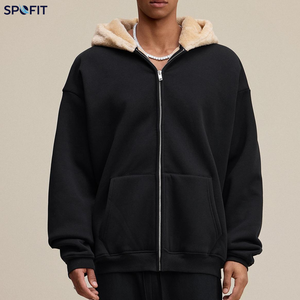 Vintage Boxy Zip Up <b>Hoodie</b> <b>Men</b> Heavyweight Terry Sweatshirt <b>Sherpa</b> Lined Oversized Streetwear Custom Logo - Product Image 5
