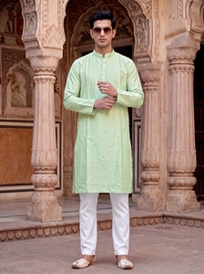 MALAI SILK <b>KURTA</b> PAYJAMA with HEAVY EMBROIDERY SEQUENCE WORK for WEDDING and DIWALI TRADITIONAL UNISEX ALL SEASONS - Product Image 4