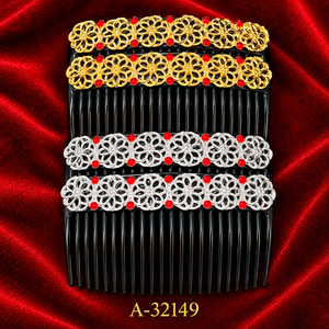 MOLL JEWELLERS Peineta de aleación estilo chino con patrón floral, cuentas rojas, oro y plata, hecha a mano para novias, 13 CM, alta calidad A-32149 - Product Image 1