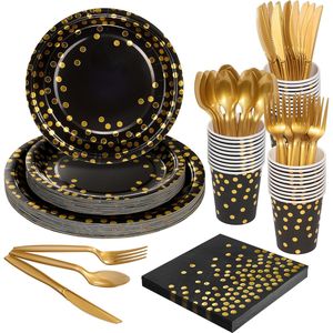 Set di Stoviglie Usa e Getta con Pois Dorati e Neri, 175 Pezzi per 25 Ospiti, Piatti di Carta da 9 e 7 Pollici, Kit per Feste - Product Image 1