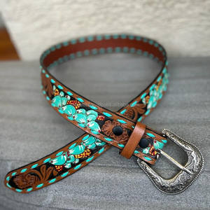 Cinturón floral turquesa para niñas de cuero mecanizado a mano de nueva moda occidental cinturón de hebilla de aleación pintado a mano de cuero genuino personalizado - Product Image 3