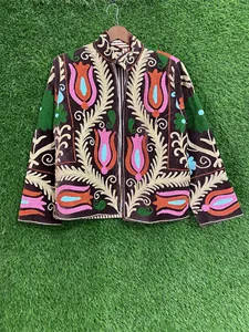 Veste en velours brodée Suzani artisanale de luxe pour femmes, marron, motif floral, style bohème, manches longues, veste d'automne pour femmes - Product Image 1