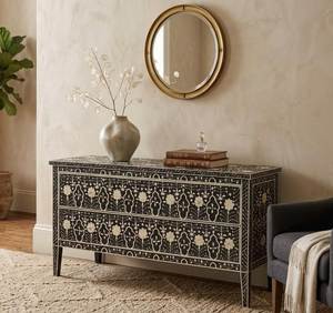 Mueble indio con incrustaciones de madera y hueso, cómoda de 3 cajones para sala de estar y dormitorio, armario, contenedor, casillero de almacenamiento - Product Image 3