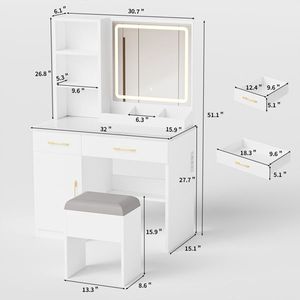 White Makeup Vanity Desk with Mirror Lights 3 Lighting Modes and Power Outlet Dressing <b>Table</b> Set <b>C</b> - Product Image 5
