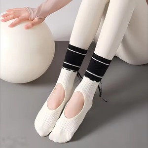 Customizable Logo Women Non <b>Slip</b> Open Socks Back Drawstring Ribbon Ballet Dance Socks Seamless Sweat Wicking Floor Pilates Socks - Product Image 1