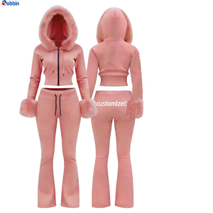 Conjunto de 2 Piezas Personalizado para Mujer, Sudadera con Capucha y Pantalones Deportivos, Cuello de Piel, Algodón 360g, Chándal de Invierno, Logotipo Personalizado con Pedrería - Product Image 4