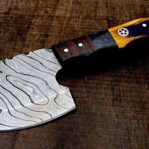 Couteau à découper miniature en acier Damas fait main, manche en bois multicolore, outil utilitaire EDC avec étui en cuir - Product Image 5