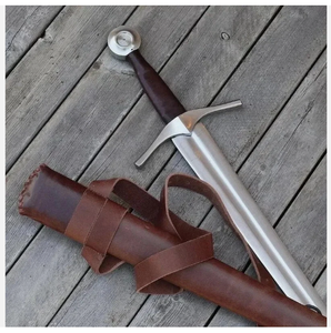 Épée longue médiévale avec manche en bois et lame en argent, légère, faite à la main, pour reconstitution historique et décoration sur pont en bois - Product Image 5