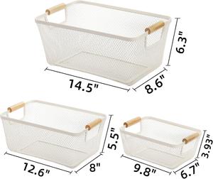 3 Pcs White Wire <b>Mesh</b> <b>Storage</b> <b>Basket</b> Set with Wooden Handles | Pantry Kitchen Closet Organizer Bin Container - Product Image 2