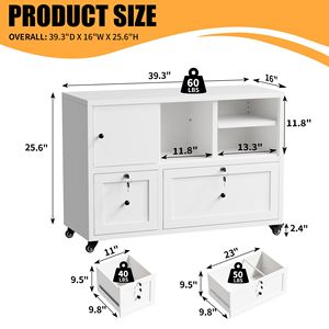 Archivador Metálico Blanco de 2 Cajones con Cerradura, Almacenamiento Lateral con Ruedas para Oficina en Casa, Kit Antivuelco Incluido - Product Image 2