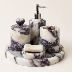 Ensemble d'accessoires de salle de bain en marbre naturel de luxe, ensemble en pierre artisanal avec distributeur de savon, plateau et pot pour la décoration moderne des hôtels et des maisons - Product Image 1
