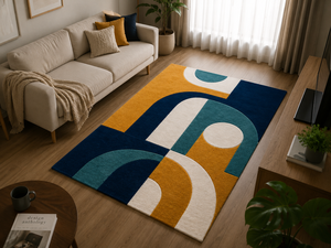 Tapis en laine tufté à la main, style Art déco du milieu du siècle, motifs géométriques arche, jaune moutarde, bleu marine, turquoise, tapis de designer pour salon - Product Image 1