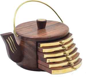 Ensemble de 6 dessous-de-verre en bois faits à la main, avec support en bois, par Universal Overseas - Product Image 1