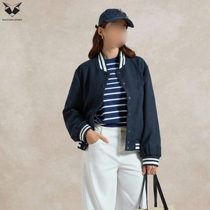 Hand Made Women Navy Blue Varsity Jacket Full Sleeve Button Up Contrast Trim Regular Fit Autumn Solid Color Turn-Down Collar - Product Image 2