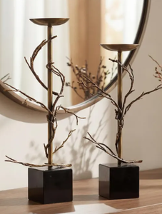 Modern Rustic Brass Twig & Branch Pillar <b>Candle</b> Stands – <b>Set</b> of 2 Sculptural Botanical Pedestals for Dining Table Centerpiece - Product Image 6