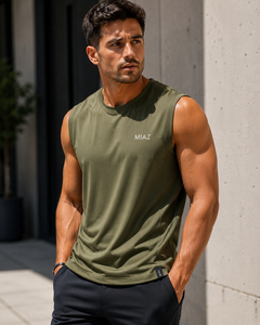 MIAZ Men's <b>Black</b> Sleeveless <b>Tank</b> <b>Top</b> O-Neck Quick Dry Breathable Polyester/Cotton Solid Color Sporty Fit Custom Digital Printing - Product Image 5